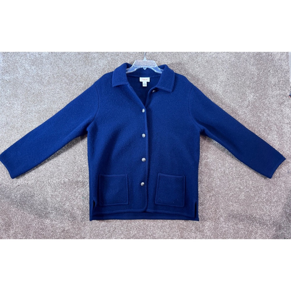 Talbots Women Navy Blue Button Front Cardigan Sweater Large Collared‎ Pockets